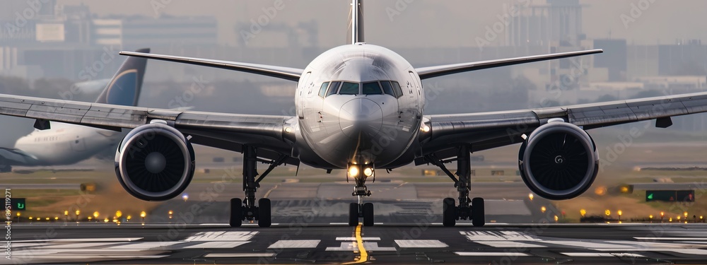 Wall mural  A large jetliner sits on an airport runway, adjacent to another runway and a skyline in the background