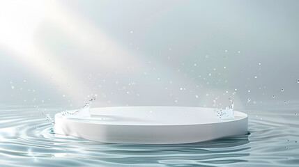 Empty white round podium on transparent calm water texture with splashes and waves in sunlight.