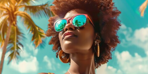 Afro african american summer fashion woman with sunglasses. Sunny day, palm and blue sky background at Miami beach
