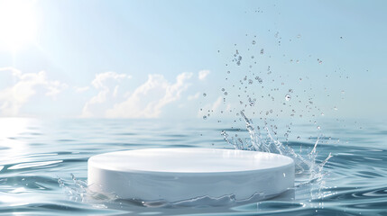 Empty white round podium on transparent calm water texture with splashes and waves in sunlight.