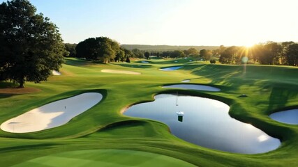 On a stunning golf course, new golf clubs are set up.
