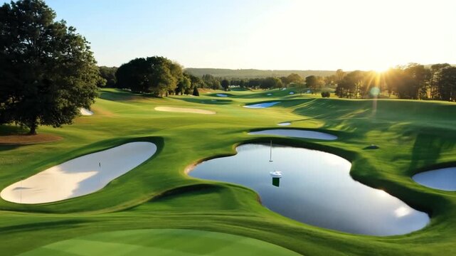 On a stunning golf course, new golf clubs are set up.