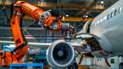 Fototapeta premium Advanced robot checking the structural integrity of an aircraft wing