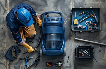 Obraz premium Technician assembling blue vacuum cleaner with various tools on concrete floor