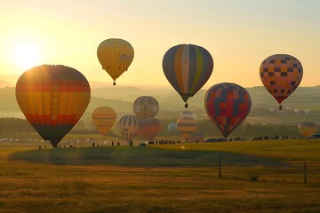Naklejka premium Hot Air Balloons Flying Over Green Field At Sunset