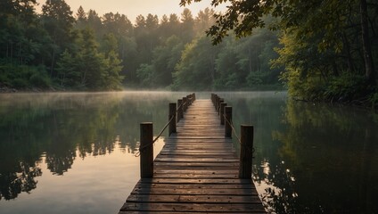 Naklejka premium Tranquil mist veils wooden bridge on calm lake amidst trees for serene sunrise scene.