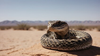 Naklejka premium Menacing serpent poised to strike in vast and arid desert wilderness for search relevance.
