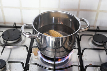 Corn on the cob is boiling on the stove