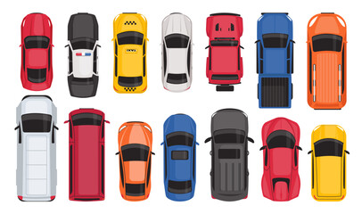 Cars top view. City vehicles. Personal or public transport. Auto park. Moving through streets. Taxi cab. Police automobile. SUV pickup. Trailer van. Road drive traffic elements vector set © VectorBum