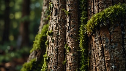 Obraz premium tree bark wood texture with moss and other greens.