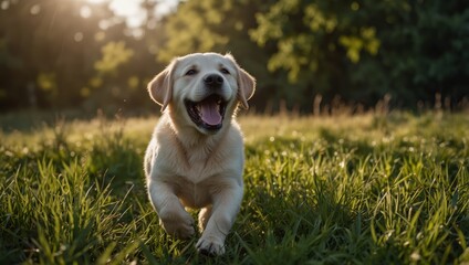 Energetic labrador puppy frolicking in sunny field, tongue out, amid lush greenery.