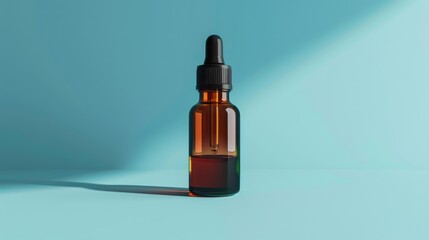Brown glass dropper bottle on blue background with shadow front view Cosmetic product mockup for skin serum
