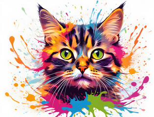 An image of a cute cat in a vivid splash art style, Colorful cat's face on black background with splash of paint.