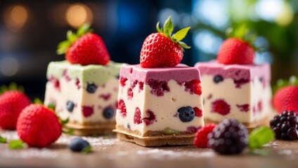 Frozen yogurt bars with fresh fruit and berries on stick for a delightful summer treat.