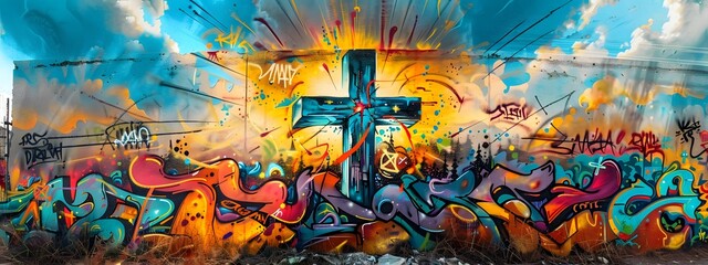 Emotive Easter cross graffiti artwork, viewed from a distance to capture the entire scene. The dynamic, bold spray paint strokes embody the raw power of street art, graffiti