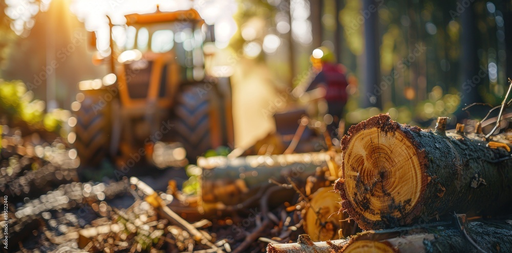 Poster a freshly cut log lies in the forest with a tractor and worker in the background