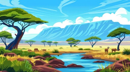 An African landscape with a winding river lush trees and majestic mountains under a clear blue sky