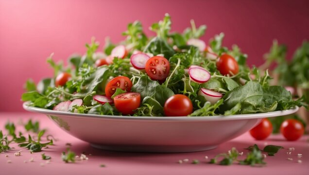 Fresh salad ingredients arugula, lettuce, radish, tomato hovering on pink background.