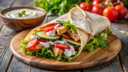 Chicken meat wrapped in pita bread with tomatoes, cucumber, pickled cucumber, salad mix and Greek yogurt sus with grains, on a wooden tray Snack