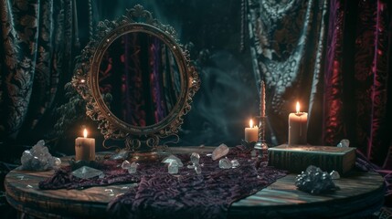 Fototapeta premium Enchanting Scrying Mirror Setup with Candles on Wooden Table Surrounded by Crystals for Mystical and Magical Decor