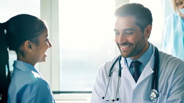 A happy girl patient in bed and a mixed-race female doctor converse in the hospital hallway.