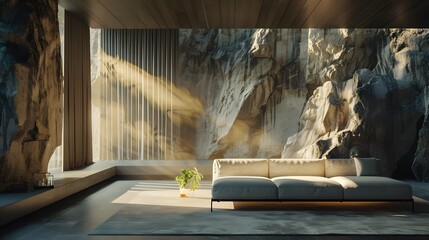 Modern living room interior with stone wall decoration and stylish furniture, illuminated by warm natural lighting