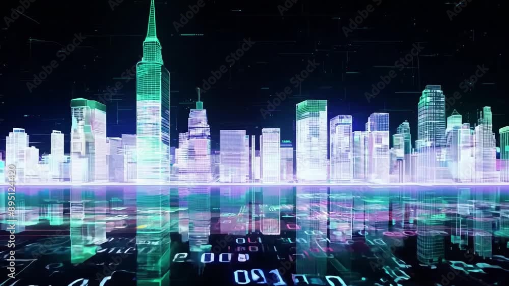 Poster A digital cityscape with green skyscrapers and a binary code reflection in a futuristic water.
