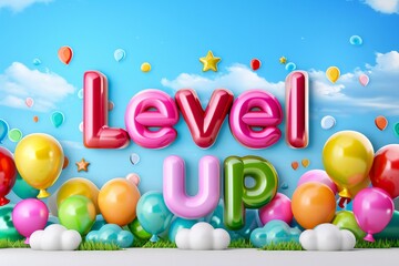 Vibrant Level Up Celebration Concept with Colorful Balloons and Confetti on a Clear Sky Background