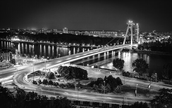 Bridge SNP at Bratislava, Slovakia. Black and white photography