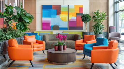 A communal area with vibrant colors and comfortable seating.