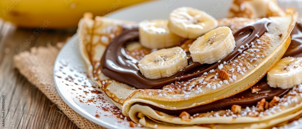 Sticker banana slices and chocolate sauce adorn pancakes; a banana peeks behind