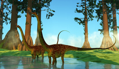 Diplodocus Swamp - Diplodocus was a sauropod herbivorous dinosaur that lived in North America during the Jurassic Period. © Catmando