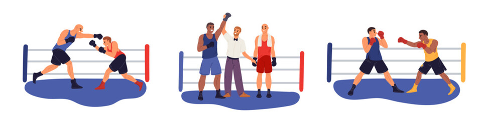 Obraz premium Boxers in ring scenes. Sports fighting. Boxing sparring. Athletes competitions. Professional fighters in uniform. Referee announces winner and loser. Kickboxers match. Garish vector set