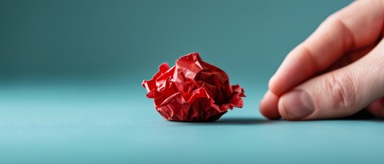  A hand, belonging to a person, extends towards a heart-shaped red paper, carefully creased