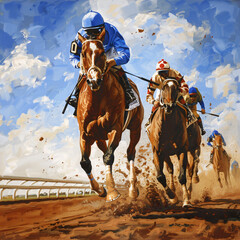 Painting of a horse and jockey racing 