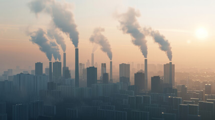 A city skyline filled with smog, factories emitting pollution, representing climate change and health impact 