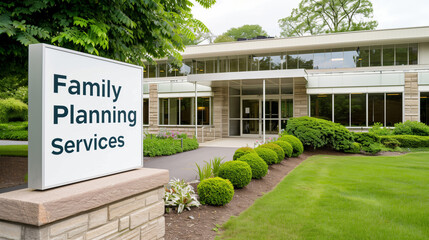 A clinic building with a Family Planning Services sign, peaceful garden outside 