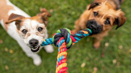 A colorful tug-of-war rope toy stretched between two dogs, green grass underneath 