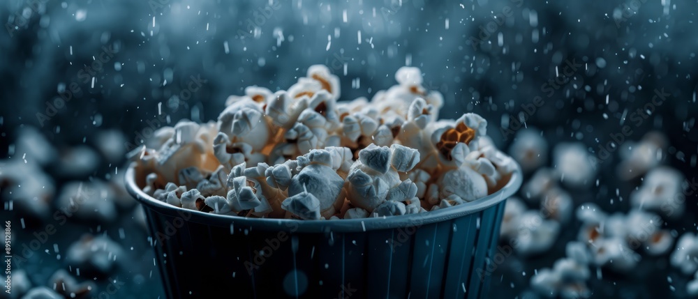 Poster  A bucket of popcorn atop a table, dripping with white kernels and sprinkles