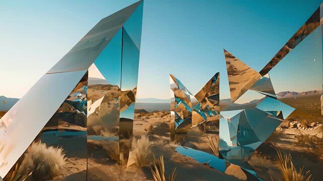 A maze of distorted mirrors stretch endlessly across the desert each one displaying a different twisted reality.