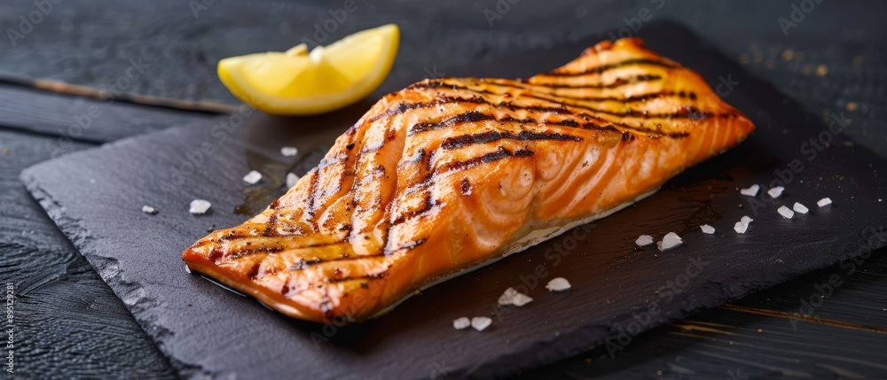 Poster  A salmon slice atop a cutting board, accompanied by a lemon slice on a black plate