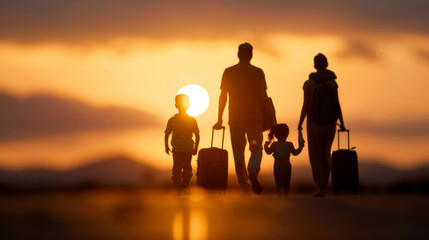 A family walking towards a border crossing, carrying luggage and looking forward, sunset background 