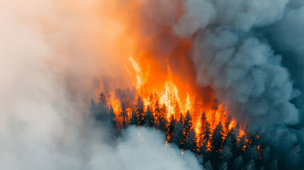 Obraz premium A forest on fire with thick smoke rising, illustrating the impact of climate change on wildfires 