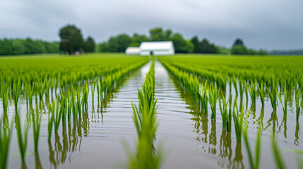 Obraz premium A flooded farm field with crops submerged in water, farmhouse in the background, symbolizing agricultural impact 