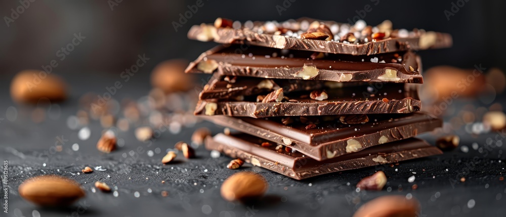 Poster  A stack of chocolate bars, each atop the other, surrounded by almonds on a black surface