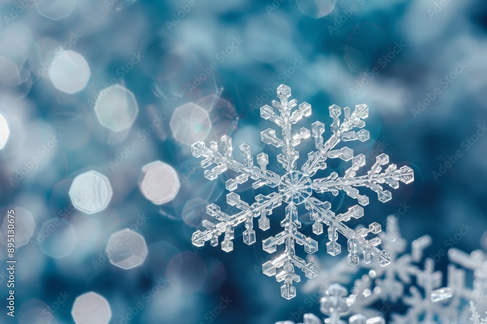 Poster close-up of intricate snowflake against a blurred blue bokeh background