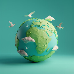 Earth globe 3D with birds around, simple earth on empty background