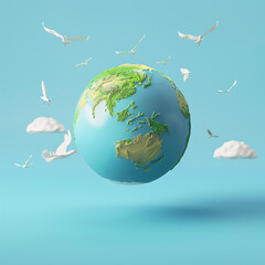 Earth globe 3D with birds around, simple earth on empty background