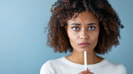 Fototapeta premium A woman looking at a positive pregnancy test with a conflicted expression, neutral background 