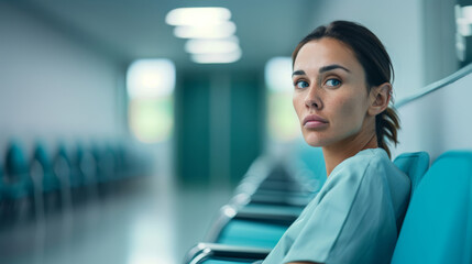 Fototapeta premium A woman sitting in a clinic waiting room, looking pensive, soft lighting 